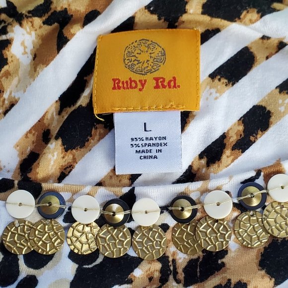 Ruby Rd. Soft Striped Animal Print Embellished Neck Side Drawstring Top Size L - Picture 7 of 9